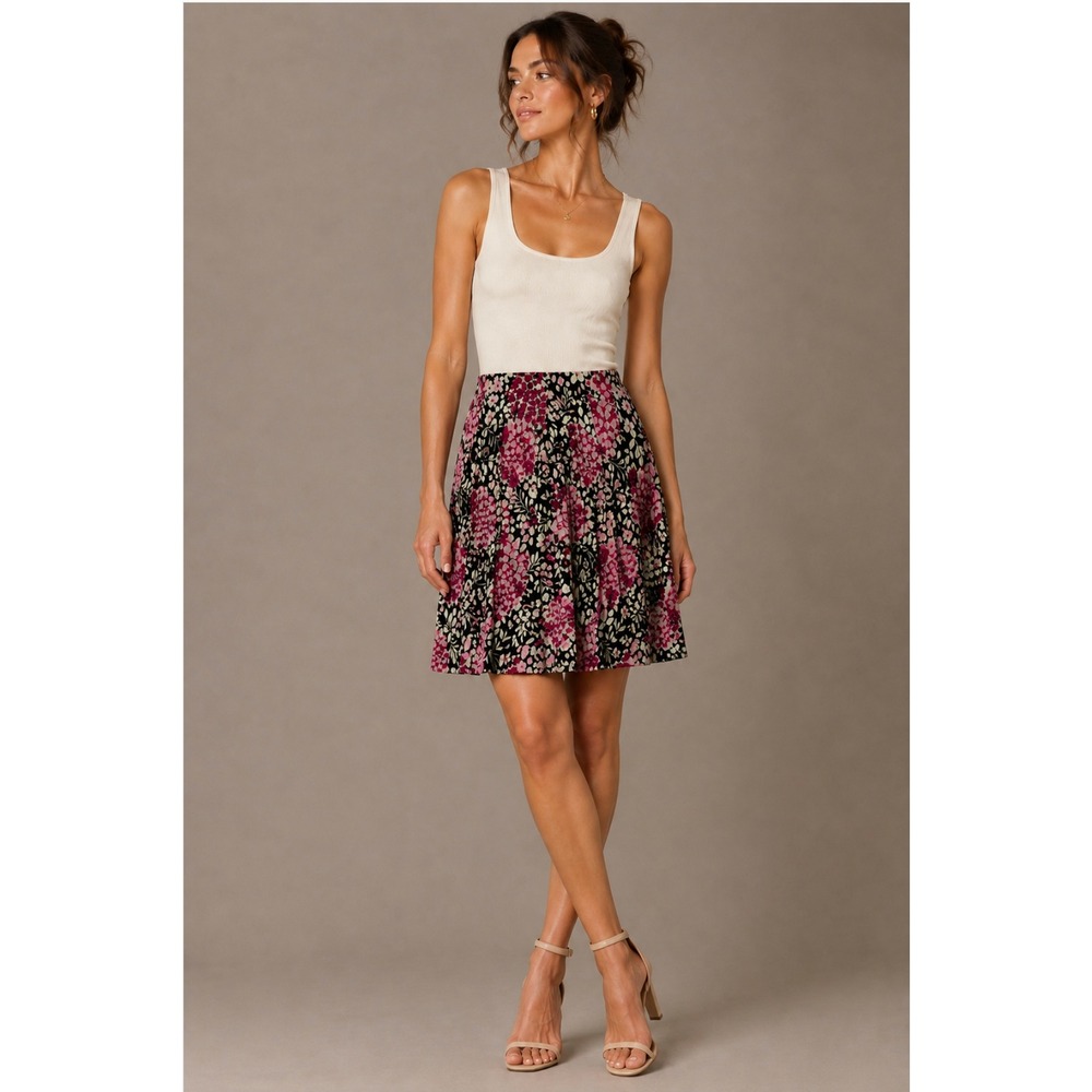 Vtg Y2K Attention Floral A-Line Skirt 6 Black Pink Cotton Pleat Y2K Cottagecore